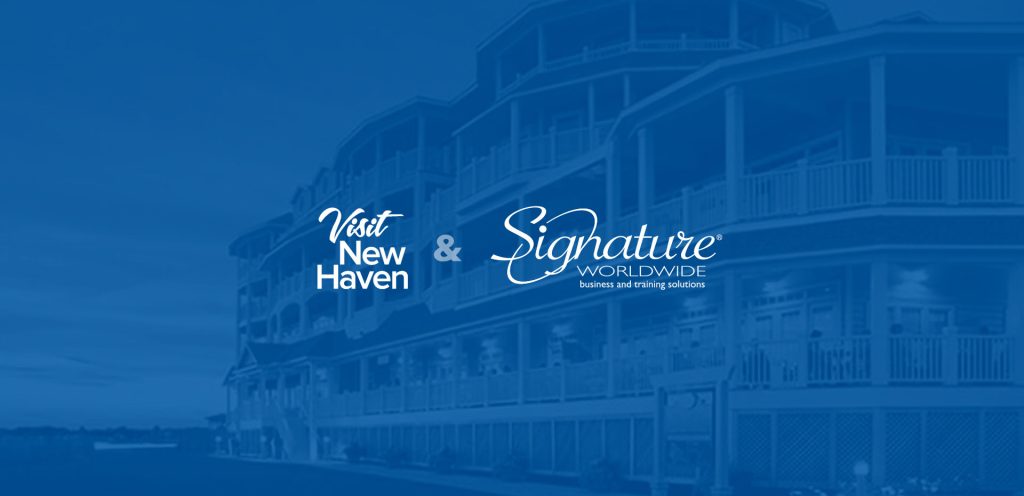 New Haven and Signature Worldwide logo on top of a washed out image of a historic hotel in Connecticut